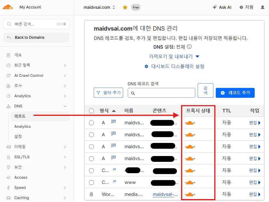 크랄우드플레어 DNS Proxy가 켜진 모습